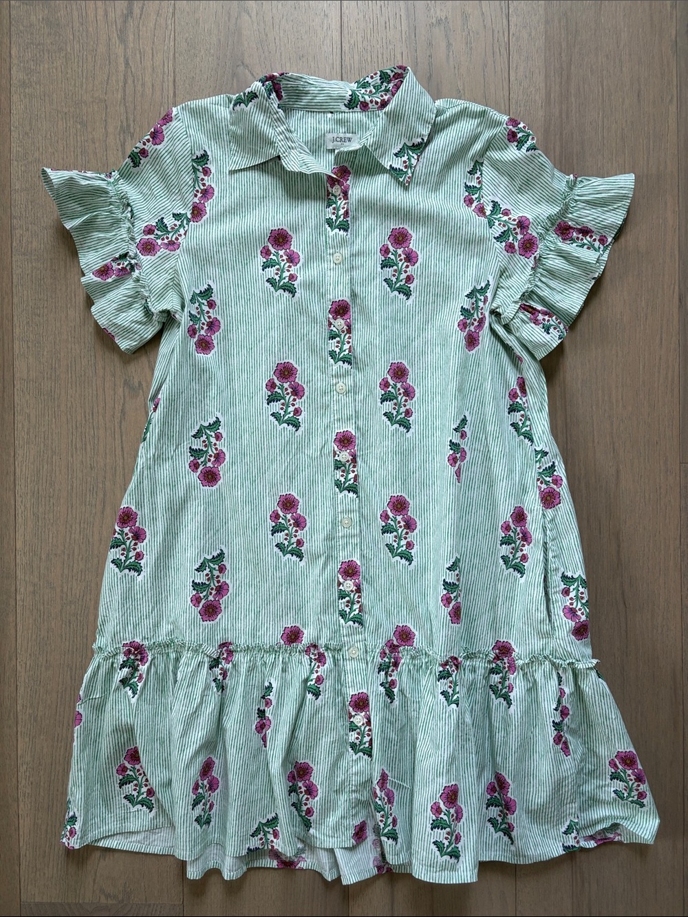 J. Crew Green Striped Dress with Pink Floral Print